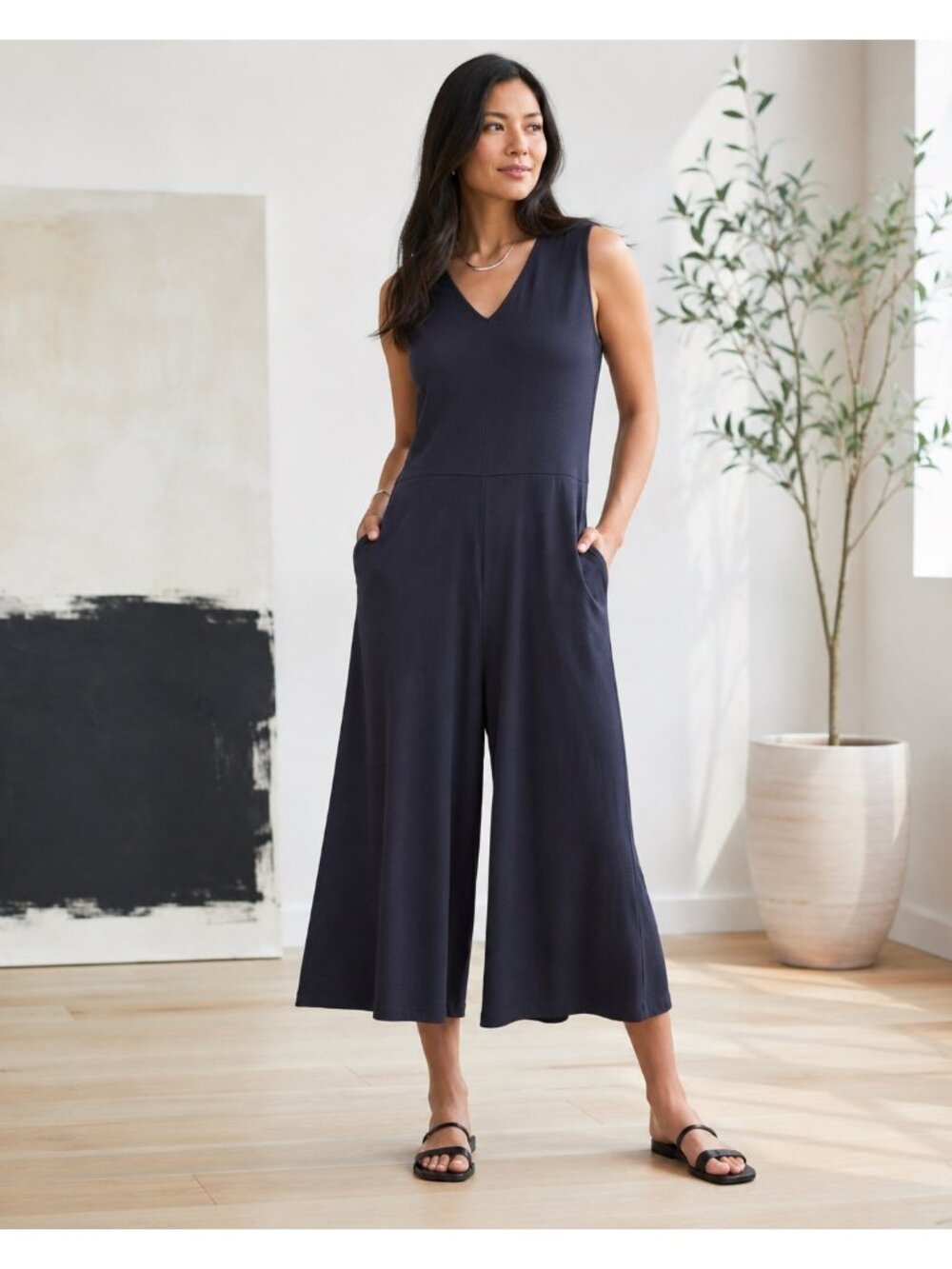 Eileen Fisher Cotton Stretch Jersey Wide Leg Jumpsuit Ink Navy Large NWT $298